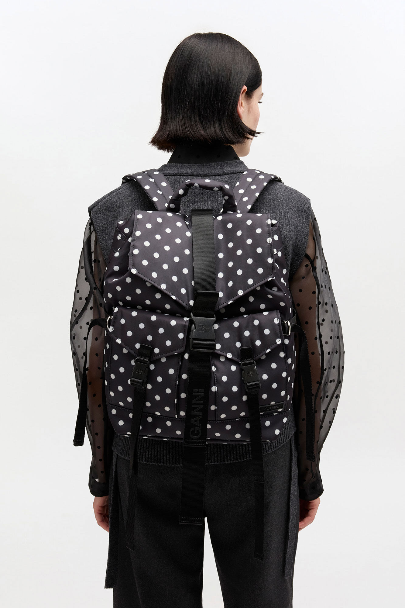 Dots Re-Tech Backpack, Recycled Polyester, in colour Black - 1 - GANNI
