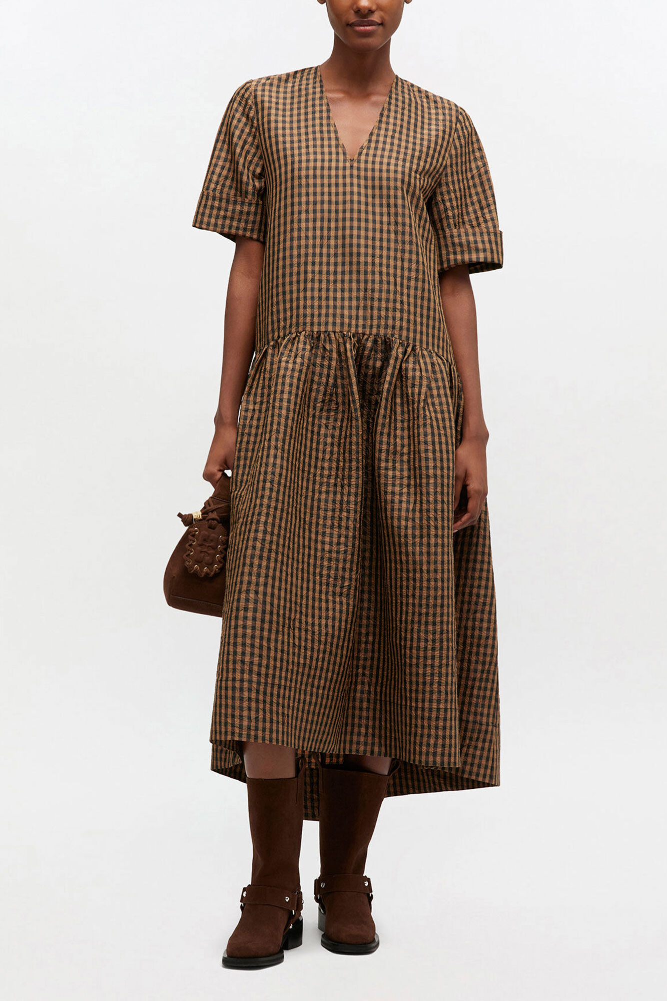 Crinkled Check Long Dress, Recycled Polyester, in colour Tobacco Brown - 1 - GANNI