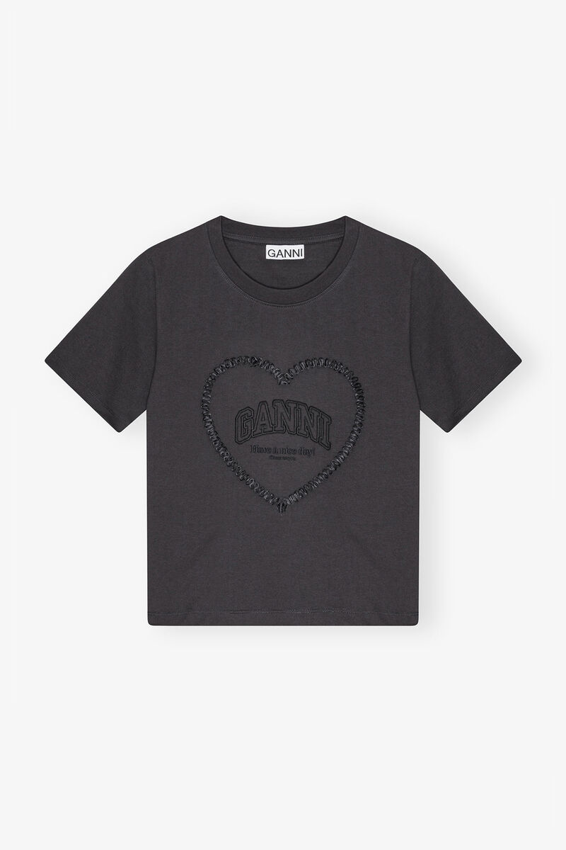 Black Cropped Heart T-shirt, Organic Cotton, in colour Phantom - 1 - GANNI