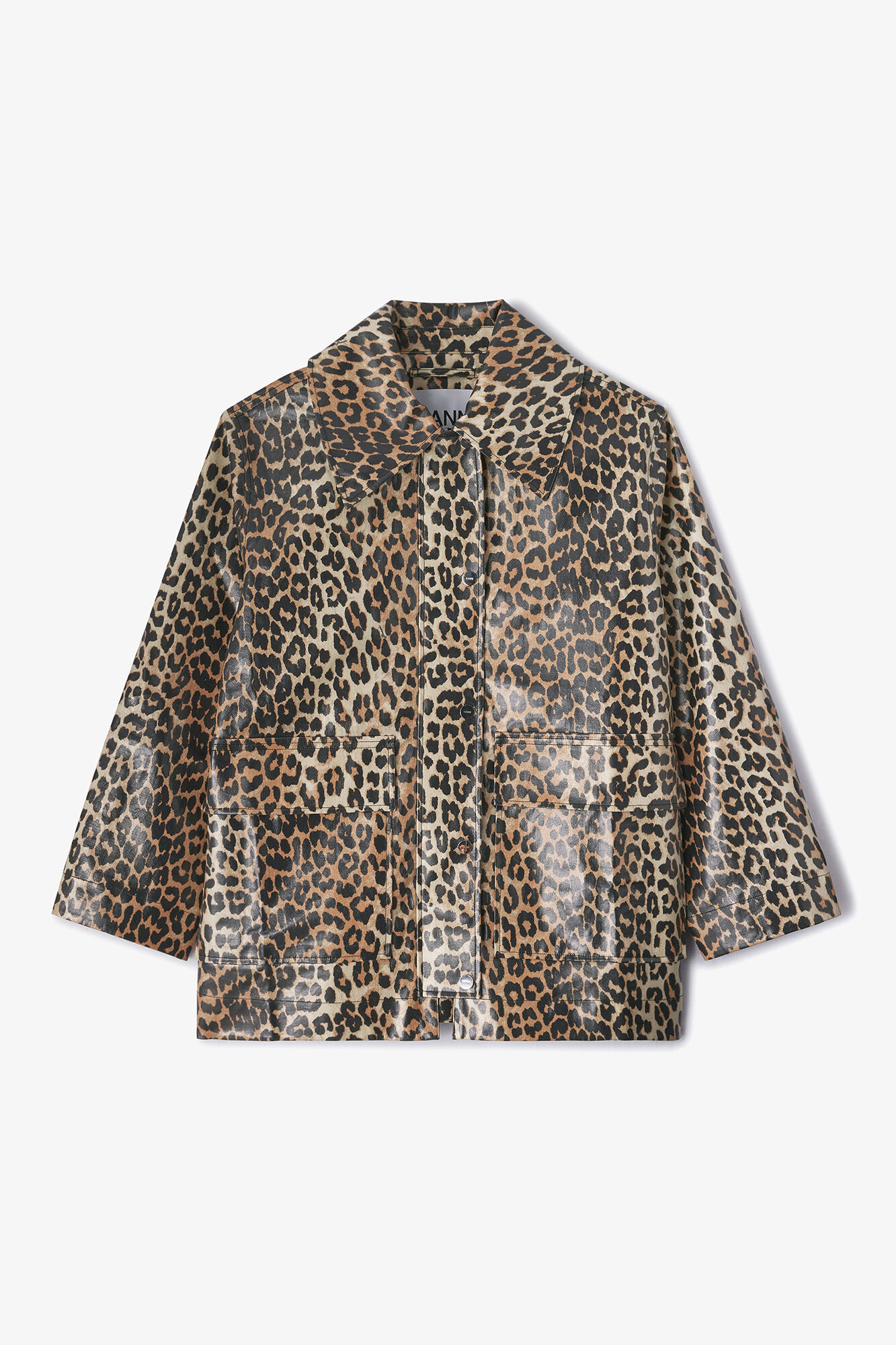 Leopard Laminated Cotton Jacket, Organic Cotton, in colour Almond Milk - 1 - GANNI