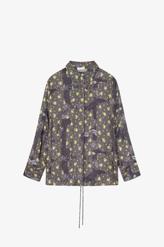 Shirt in Printed Silk, Black Sand