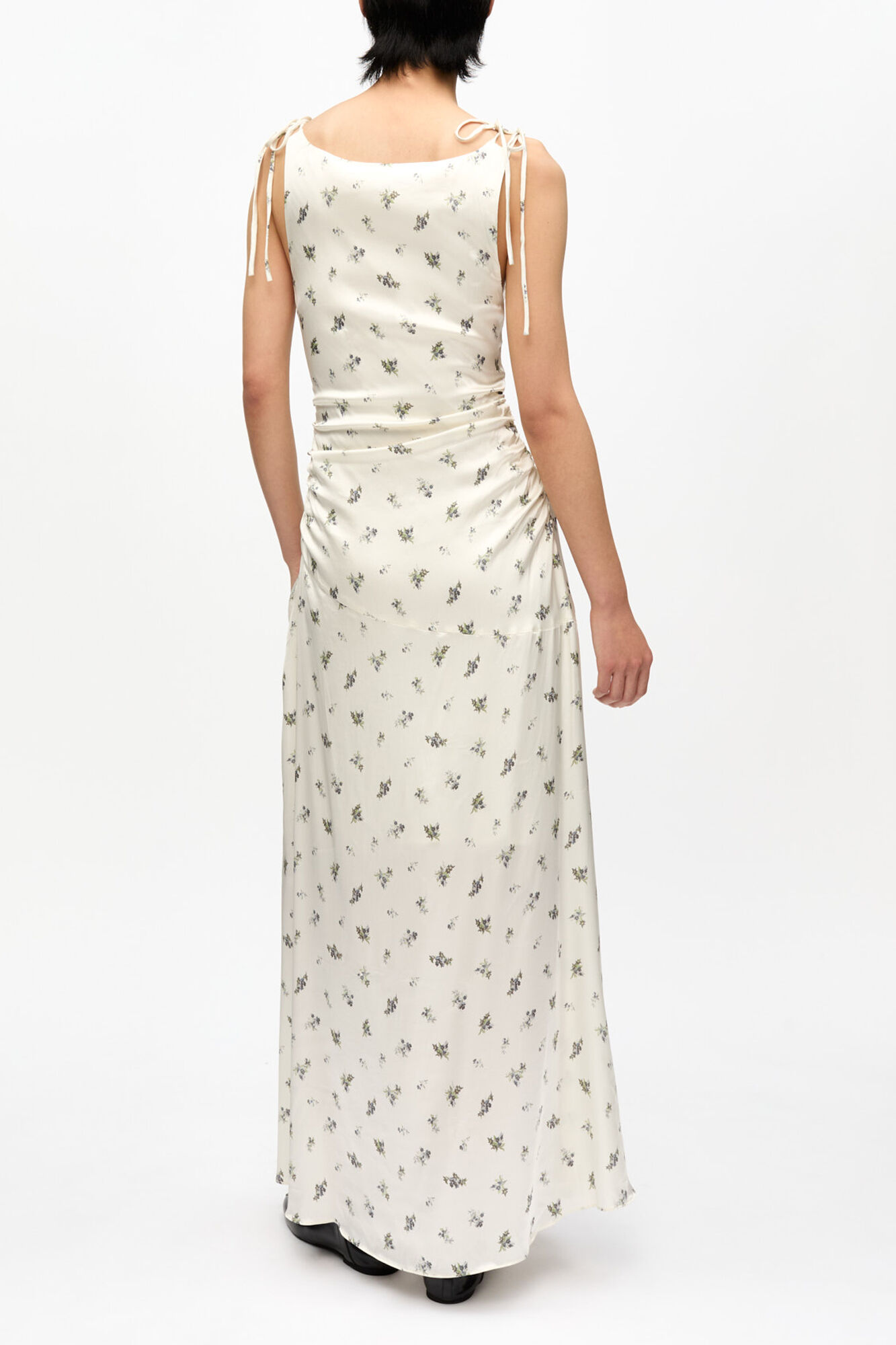White Satin Gathered Dress, Viscose, in colour Egret - 2 - GANNI