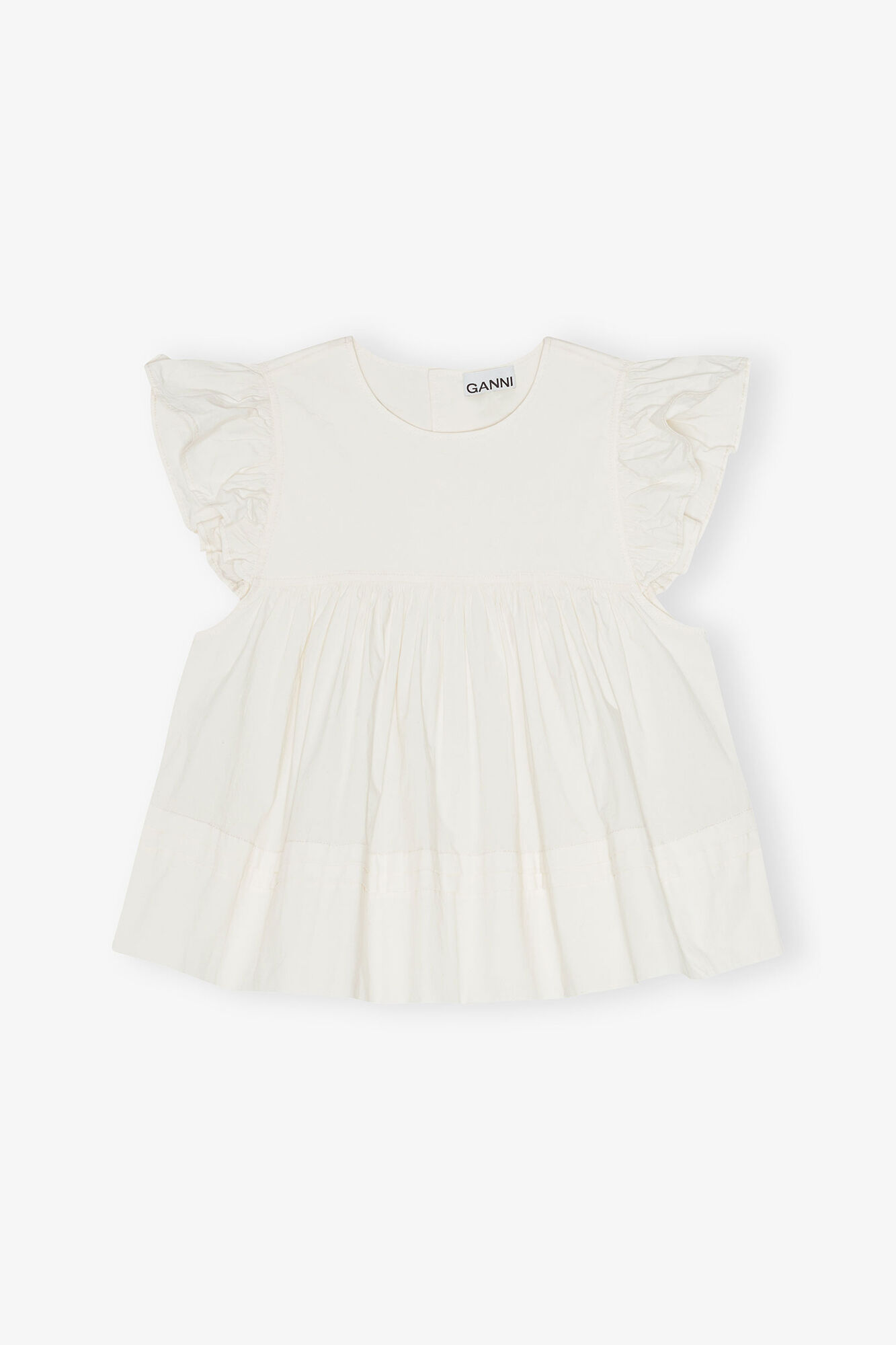 White Stretch Cotton Frill Sleeve Top, Organic Cotton, in colour Egret - 1 - GANNI