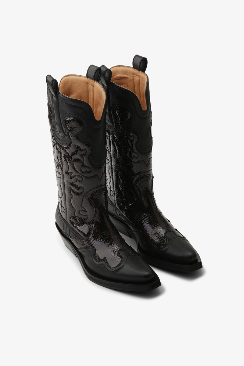 Westernstiefel mit mittlerer Schaftl&auml;nge und Stickerei in Dunkelrot, Recycled Leather, in colour Black/Dark Burgundy - 2 - GANNI