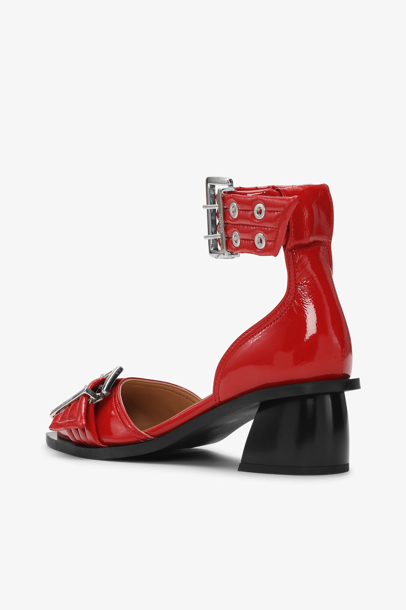 Red Feminine Buckle Open Cut Pumps, Polyurethane, in colour Racing Red - 3 - GANNI
