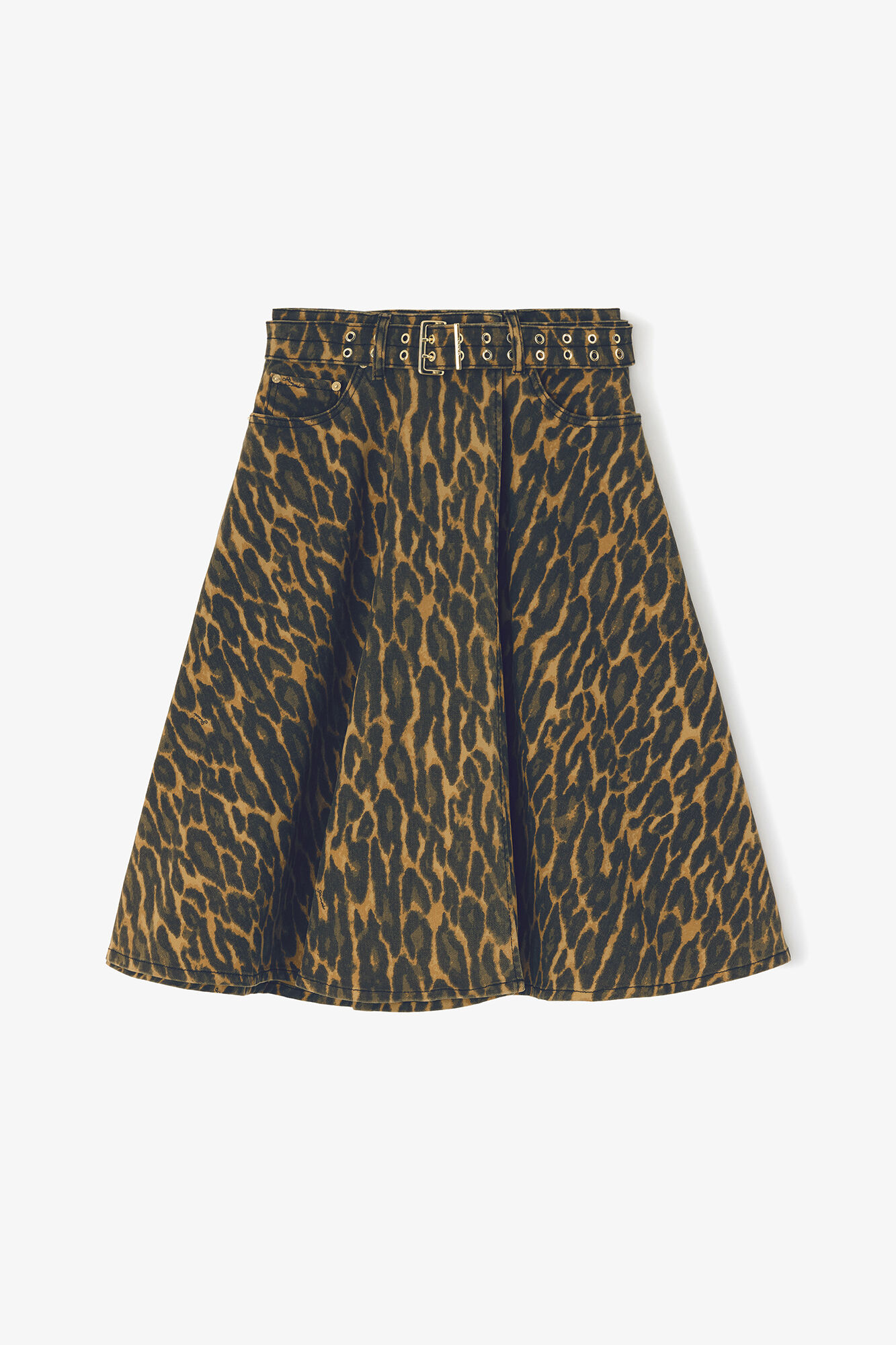 Leopard Denim Wrap Skirt, Organic Cotton, in colour Khaki - 1 - GANNI