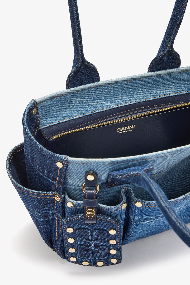 Liten Posy-veske i bl&aring; denim, Organic Cotton, in colour Mid Blue Vintage - 3 - GANNI