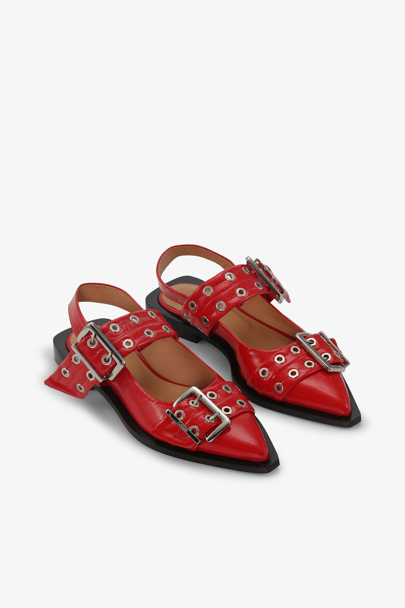 Red Feminine Buckle Ballerinas, Polyurethane, in colour Racing Red - 3 - GANNI
