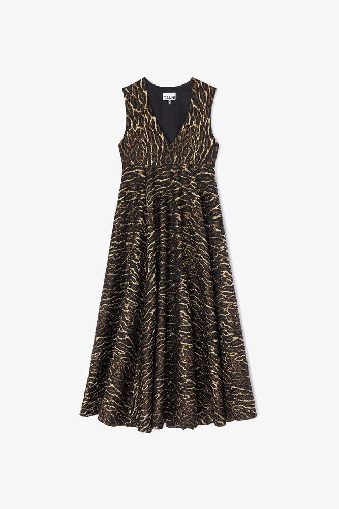 Metallic Cloque Long Dress, Antique Bronze