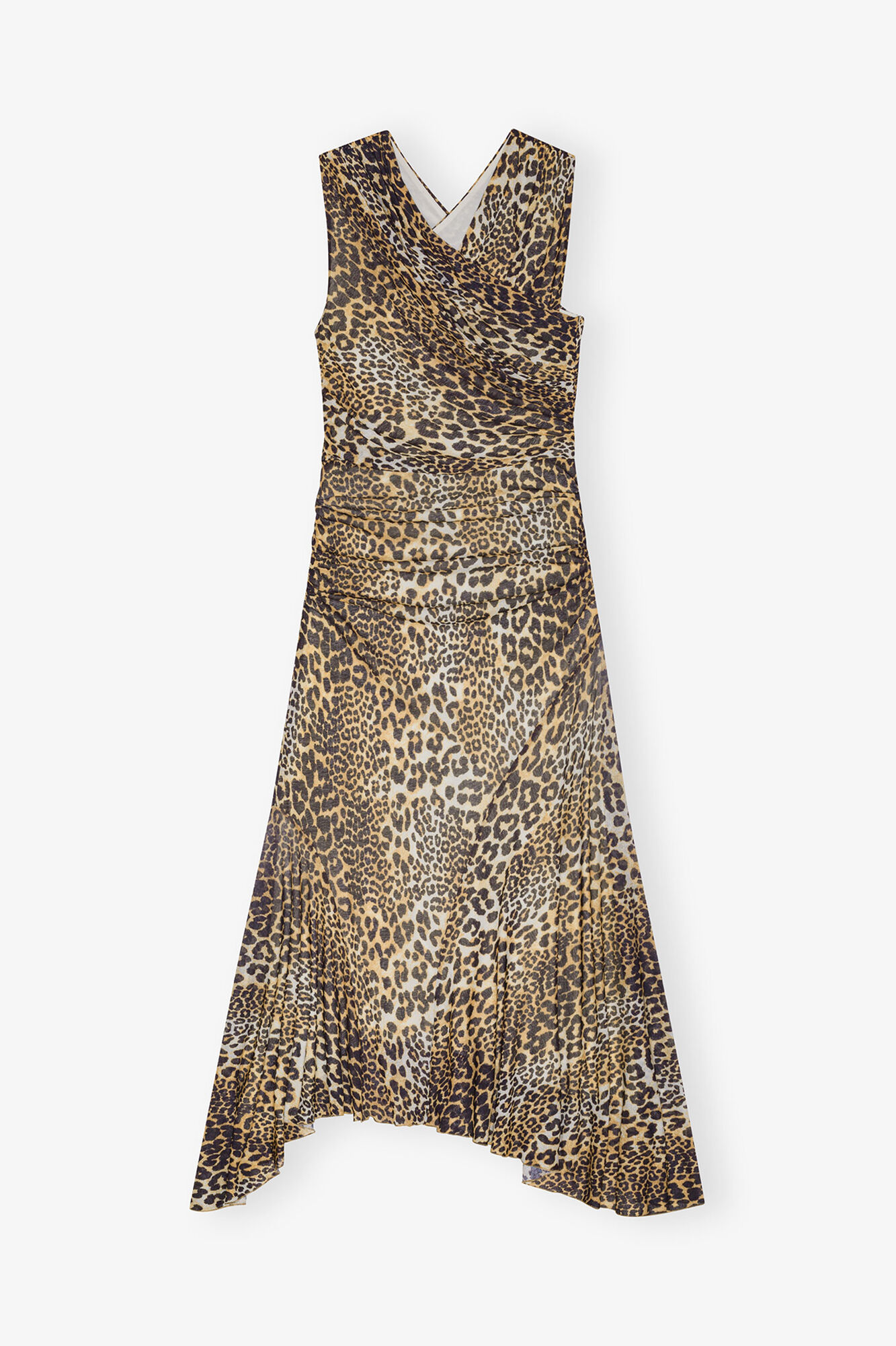 Leopard Marl Mesh Long Ruched Crossover Dress, Recycled Polyester, in colour Leopard - 1 - GANNI
