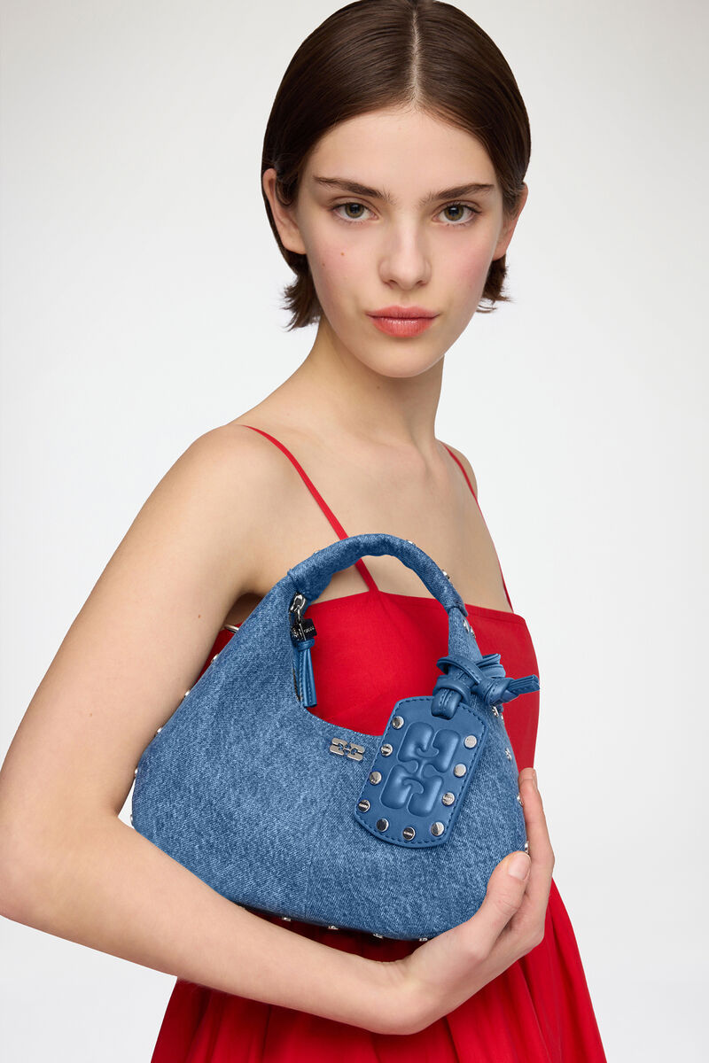 Mini Hobo Bag with Studs in Denim, Organic Cotton, in colour Mid Blue Vintage - 2 - GANNI