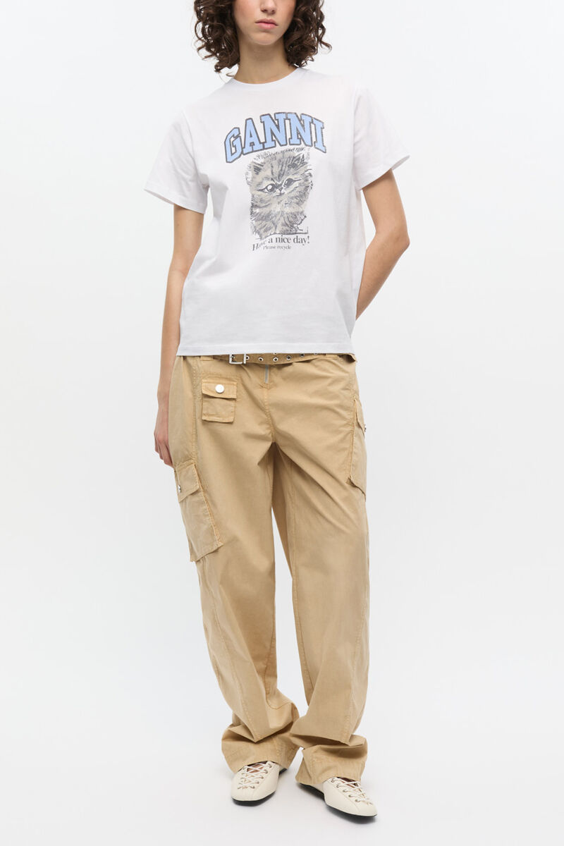 White Relaxed Jersey Kitty T-shirt, Organic Cotton, in colour Bright White - 2 - GANNI