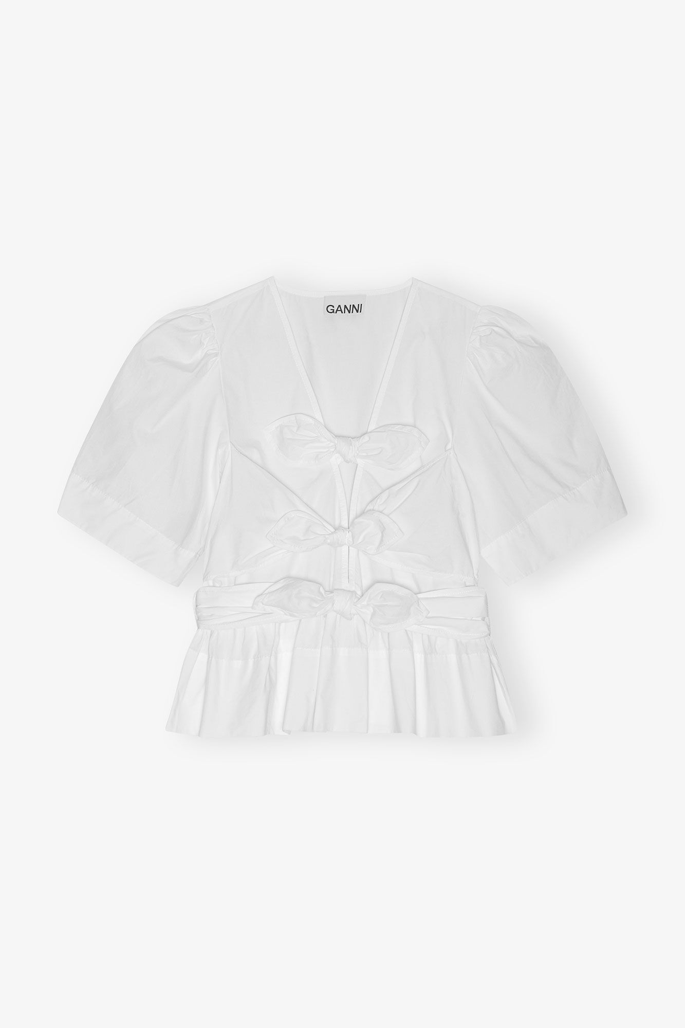 Blouse en coton stretch d&eacute;lav&eacute; blanc avec liens &agrave; nouer, Elastane, in colour Bright White - 1 - GANNI