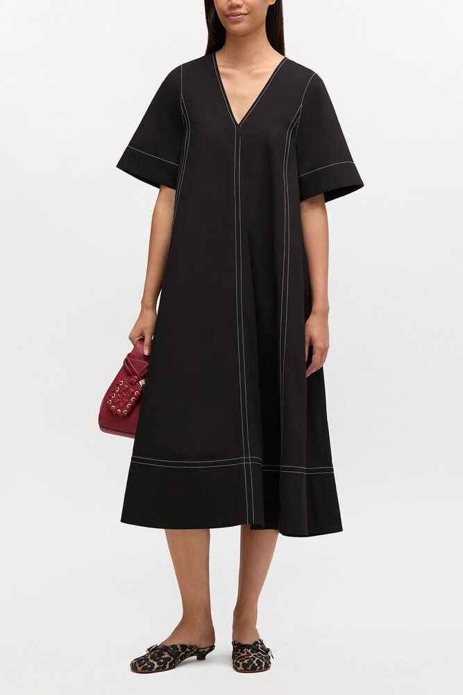 Black Cotton A-line Dress, Black