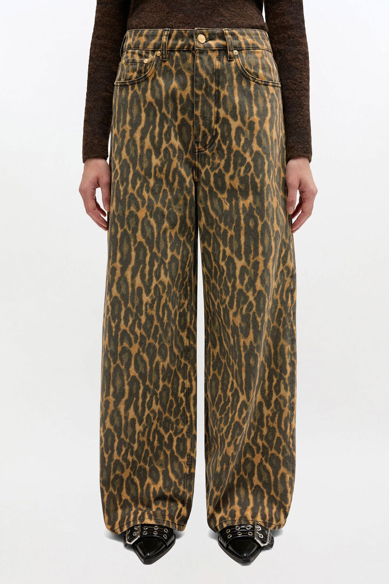 Baggy Jeans in Leopard Print, Organic Cotton, in colour Khaki - 1 - GANNI