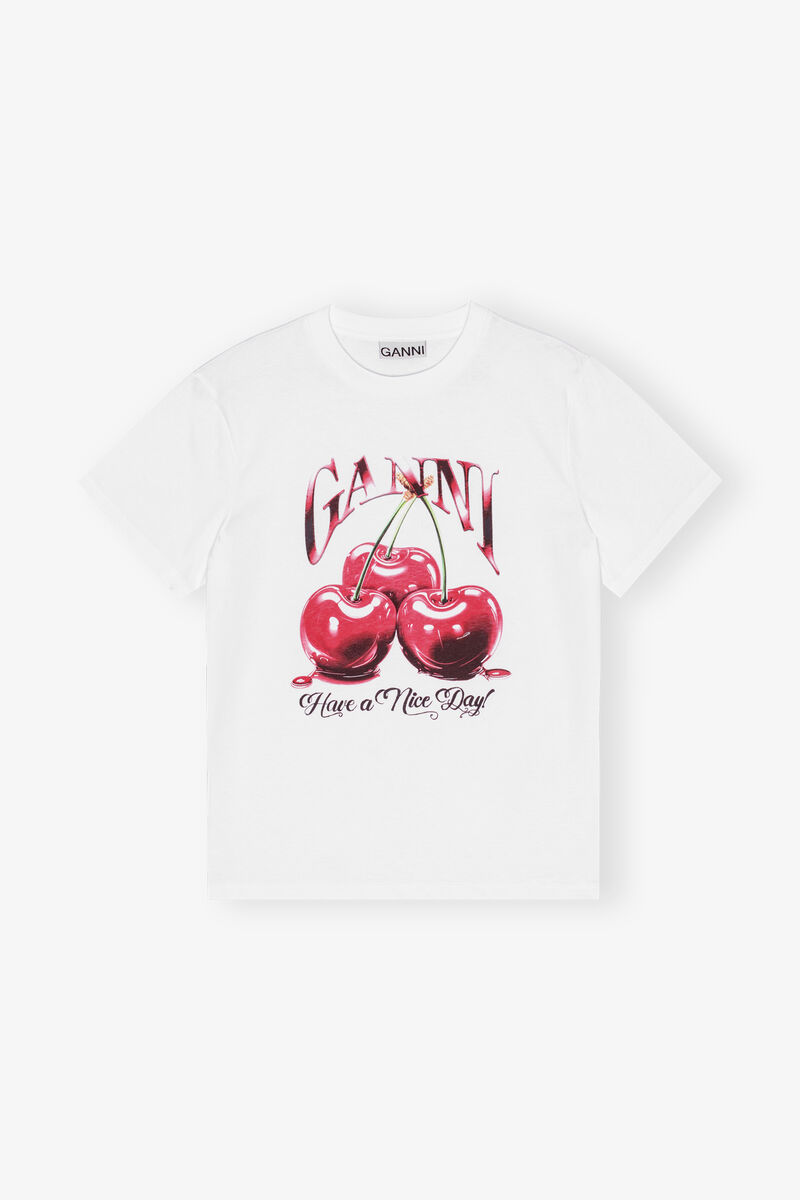 White Basic Jersey Cherry Relaxed T-shirt, Organic Cotton, in colour Bright White - 1 - GANNI