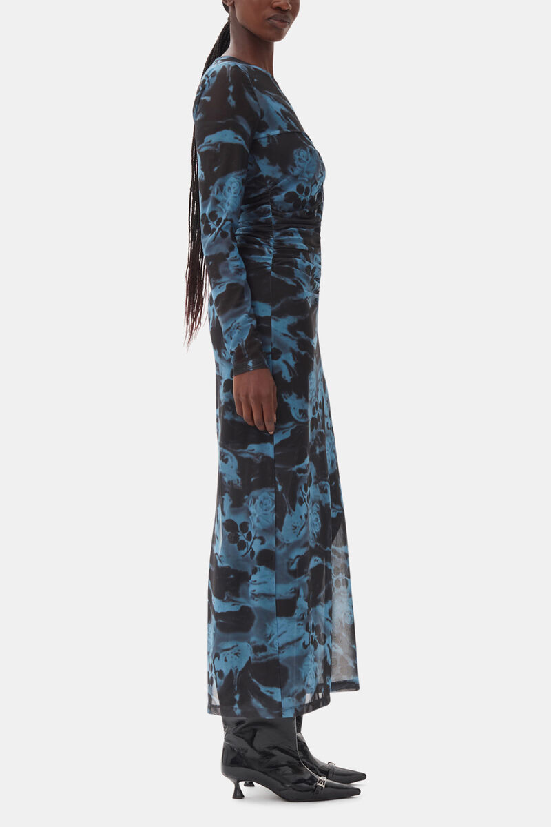 Blue Printed Mesh O-neck Ruched Long Dress, Recycled Polyester, in colour Blue Shadow - 3 - GANNI