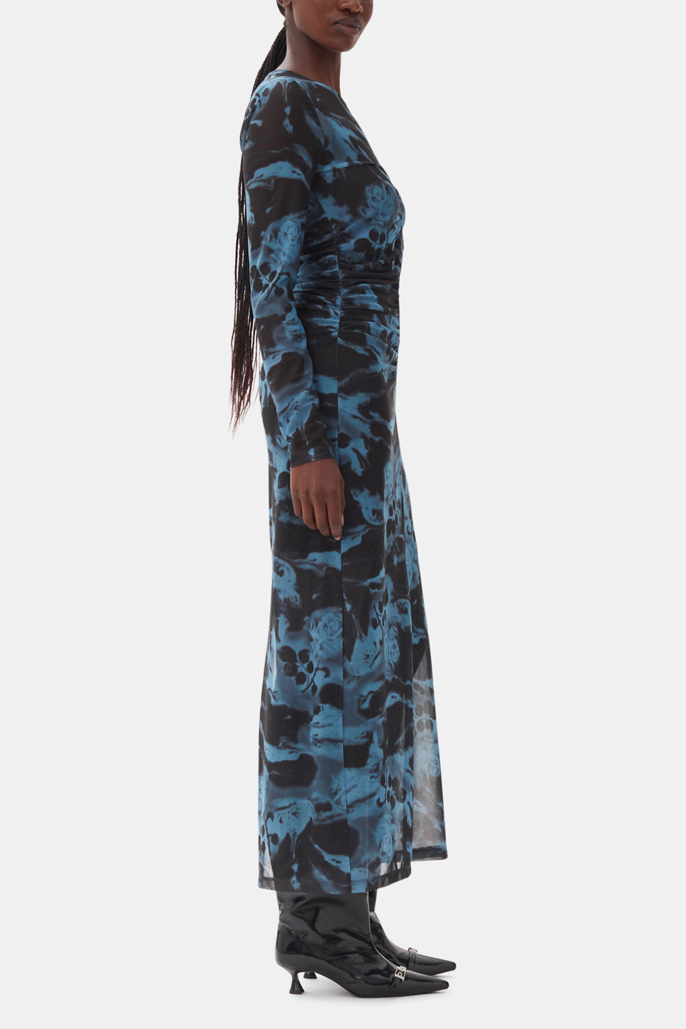 Blue Printed Mesh O-neck Ruched Long Dress, Recycled Polyester, in colour Blue Shadow - 3 - GANNI