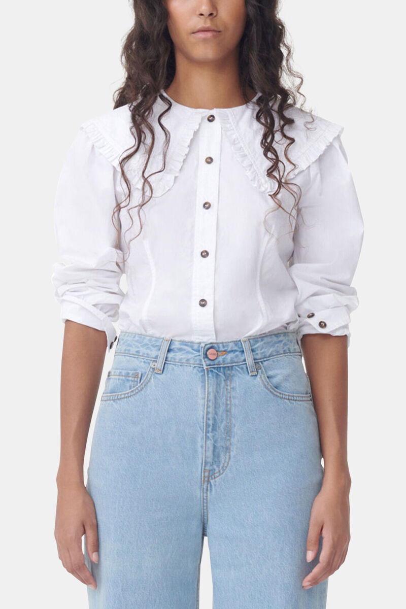 White Frill Collar Poplin Shirt, Cotton, in colour Bright White - 1 - GANNI