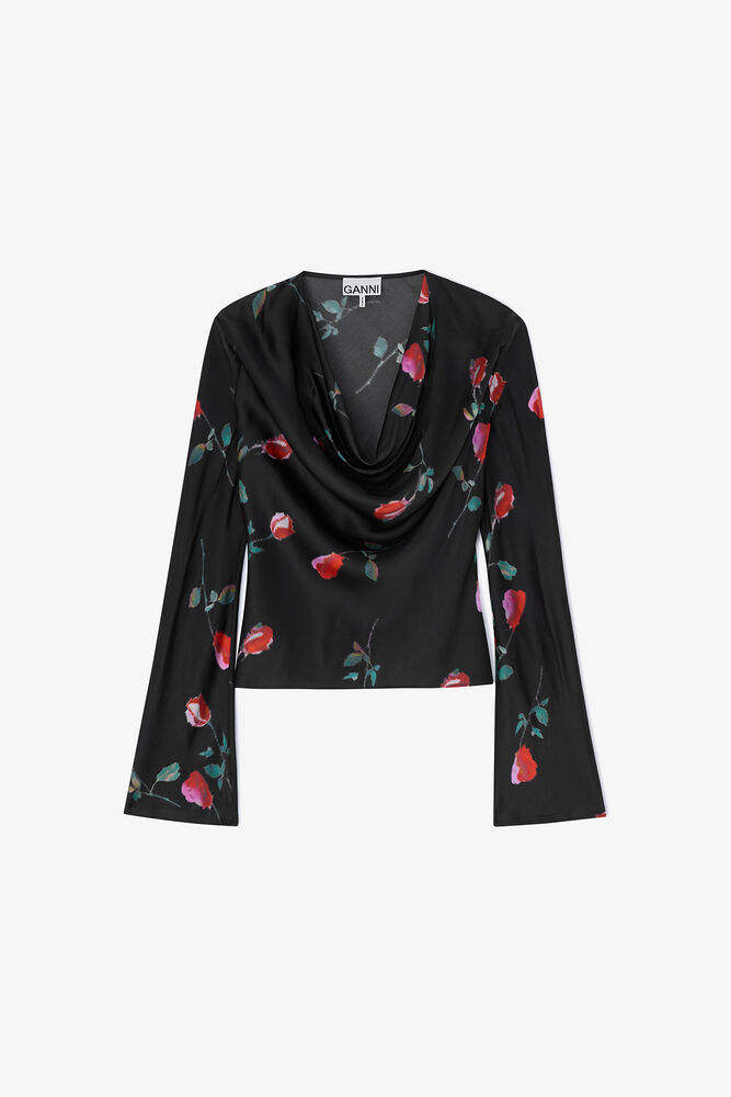 Bedruckte Satinbluse, Black