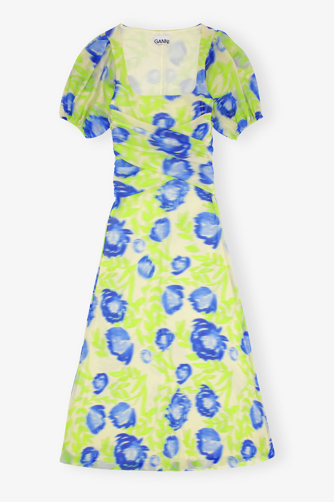Printed Mesh Puff Sleeve Midi Dress, Recycled Nylon, in colour Strong Blue - 1 - GANNI