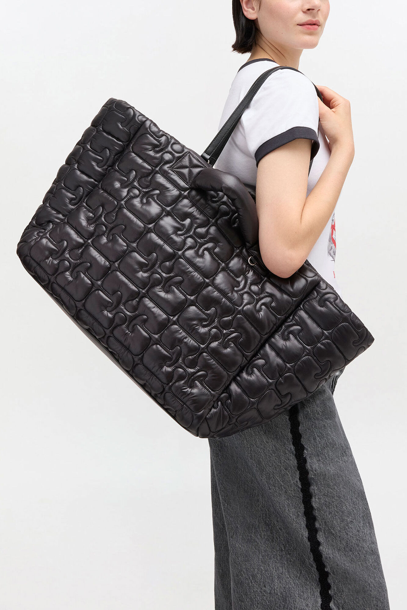 Quilted Re-Tech XXL Tote, Recycled Polyamide, in colour Black - 1 - GANNI