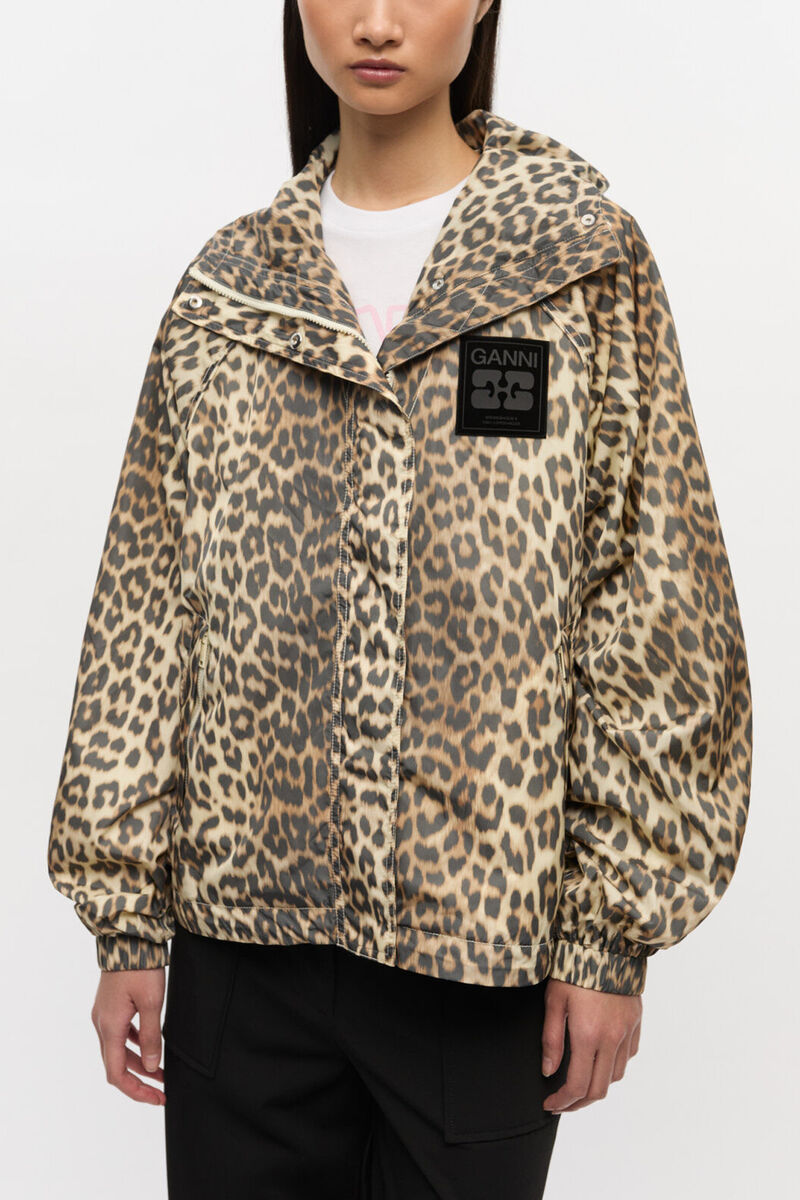 Leopard Print Nylon Jacket, Recycled Nylon, in colour Almond Milk - 1 - GANNI