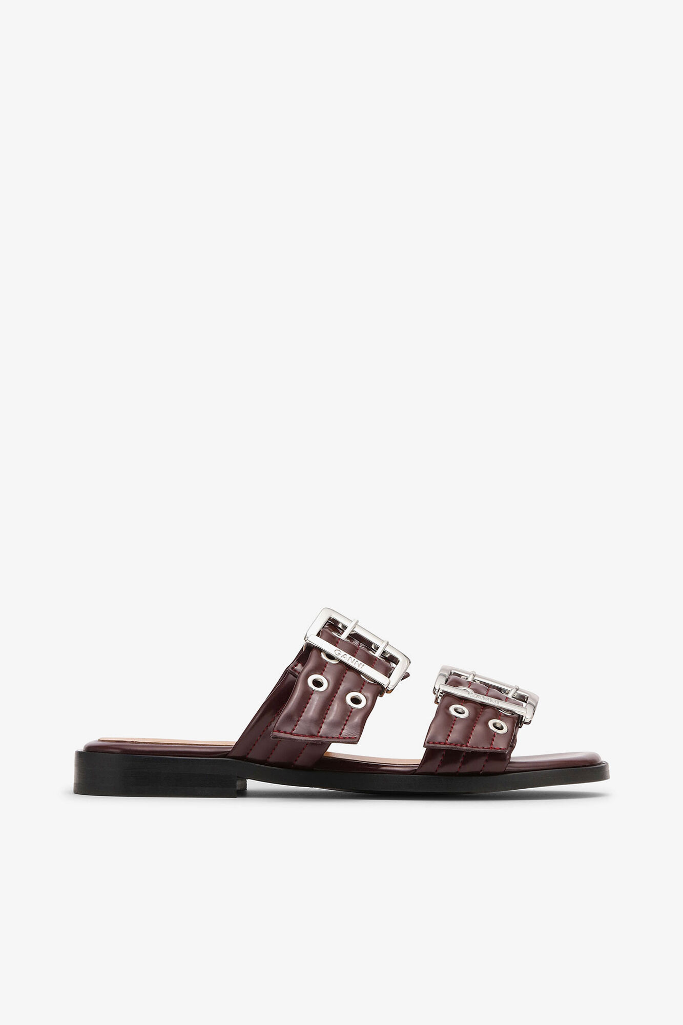 Feminine Buckle Two-Strap Sandals in Burgundy, Oleatex&trade;, in colour Tawny Port - 1 - GANNI