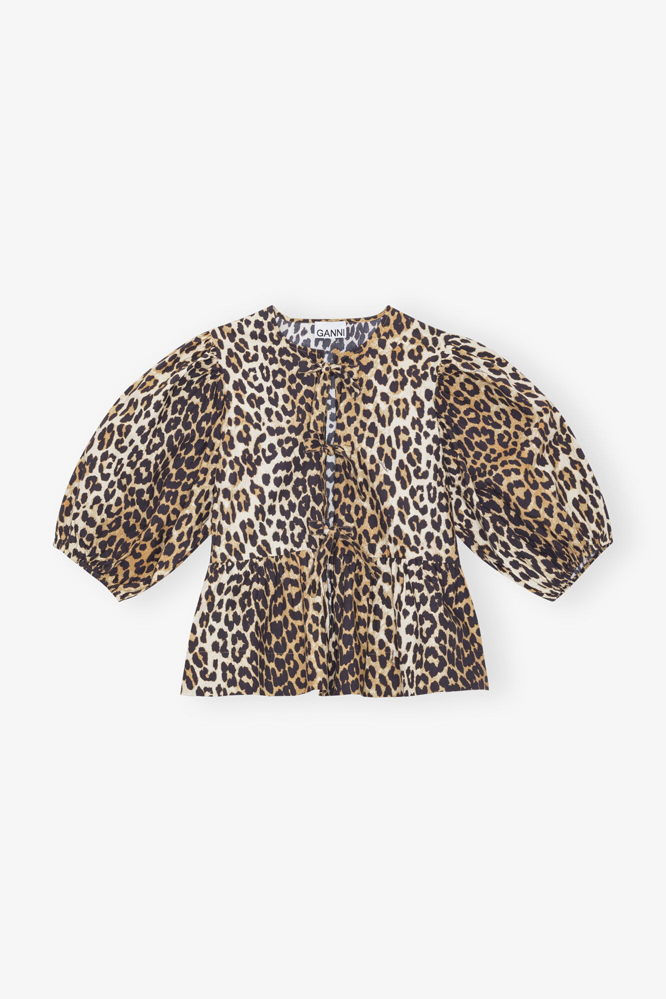 Leopard Cotton Poplin Peplum Tie Blouse, Organic Cotton, in colour Leopard - 1 - GANNI
