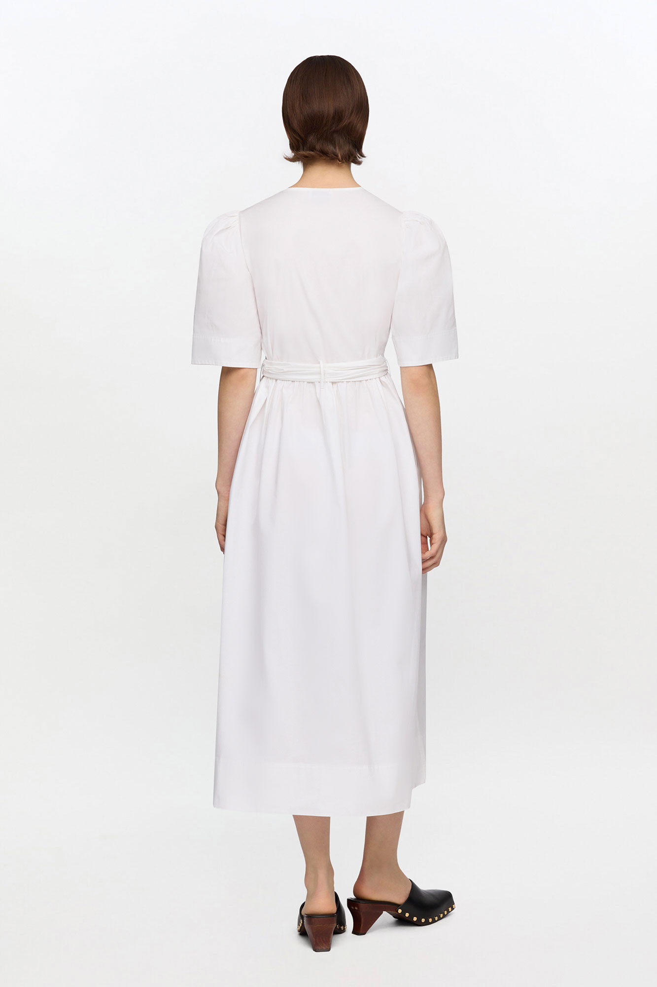Hvid midikjole i bomuld med stretch og bindeb&aring;nd, Organic Cotton, in colour Bright White - 3 - GANNI