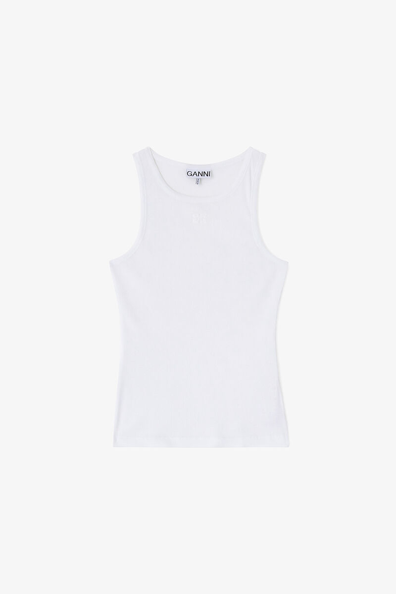 White Soft Cotton Rib Tank Top, Organic Cotton, in colour Bright White - 1 - GANNI