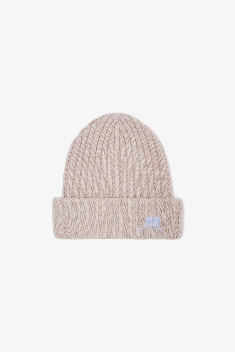 Beige Wool Knit Beanie, Wool, in colour Sand - 1 - GANNI
