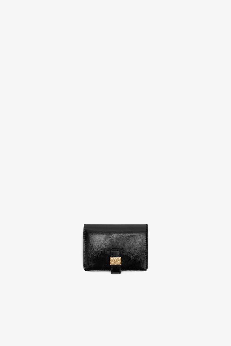 Sue Slim Card Holder With Flap in Black, Recycled Leather, in colour Black - 1 - GANNI