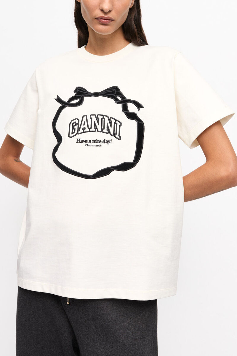 Ivory Relaxed Bow T-shirt, Organic Cotton, in colour Egret - 1 - GANNI