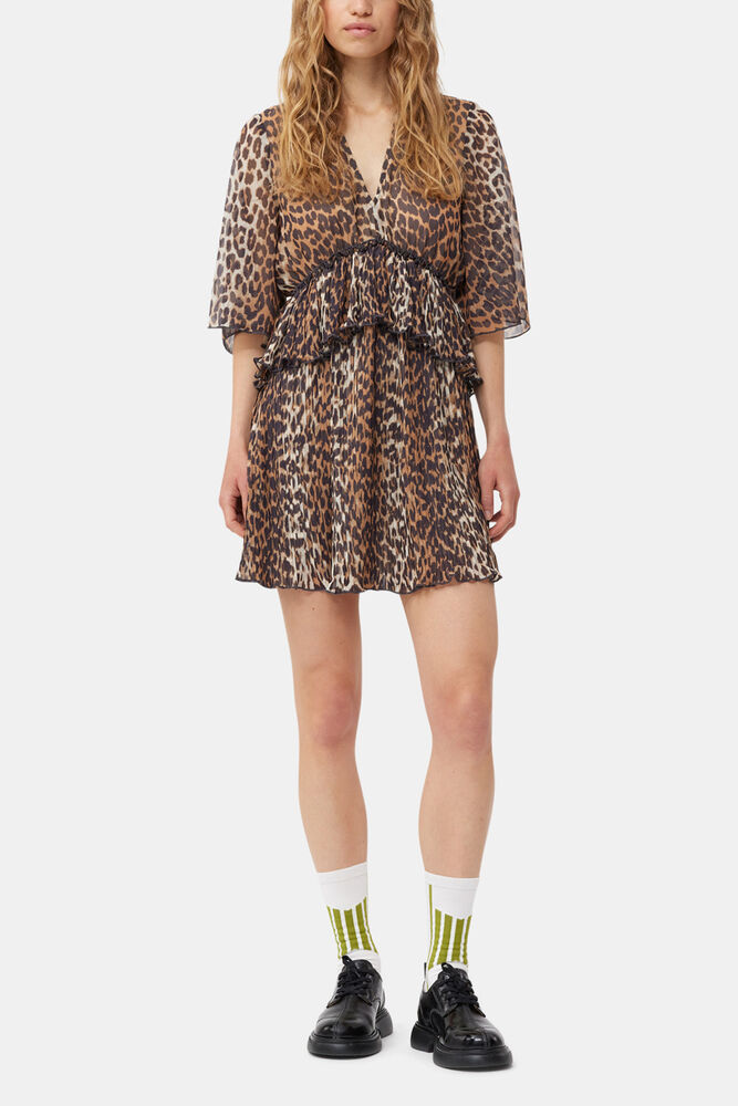 Leopard Pleated Georgette V-neck Flounce Mini Dress, Almond Milk
