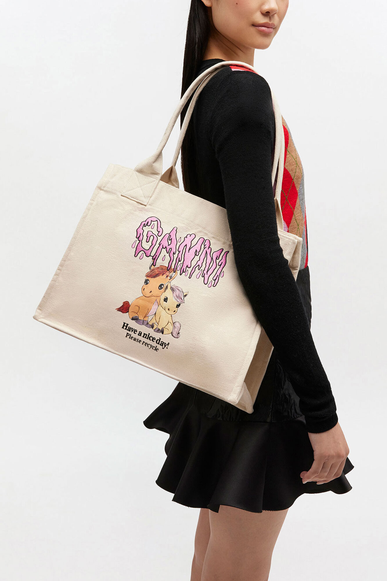 Pony Printed Large Tote, Recycled Cotton, in colour Egret - 1 - GANNI