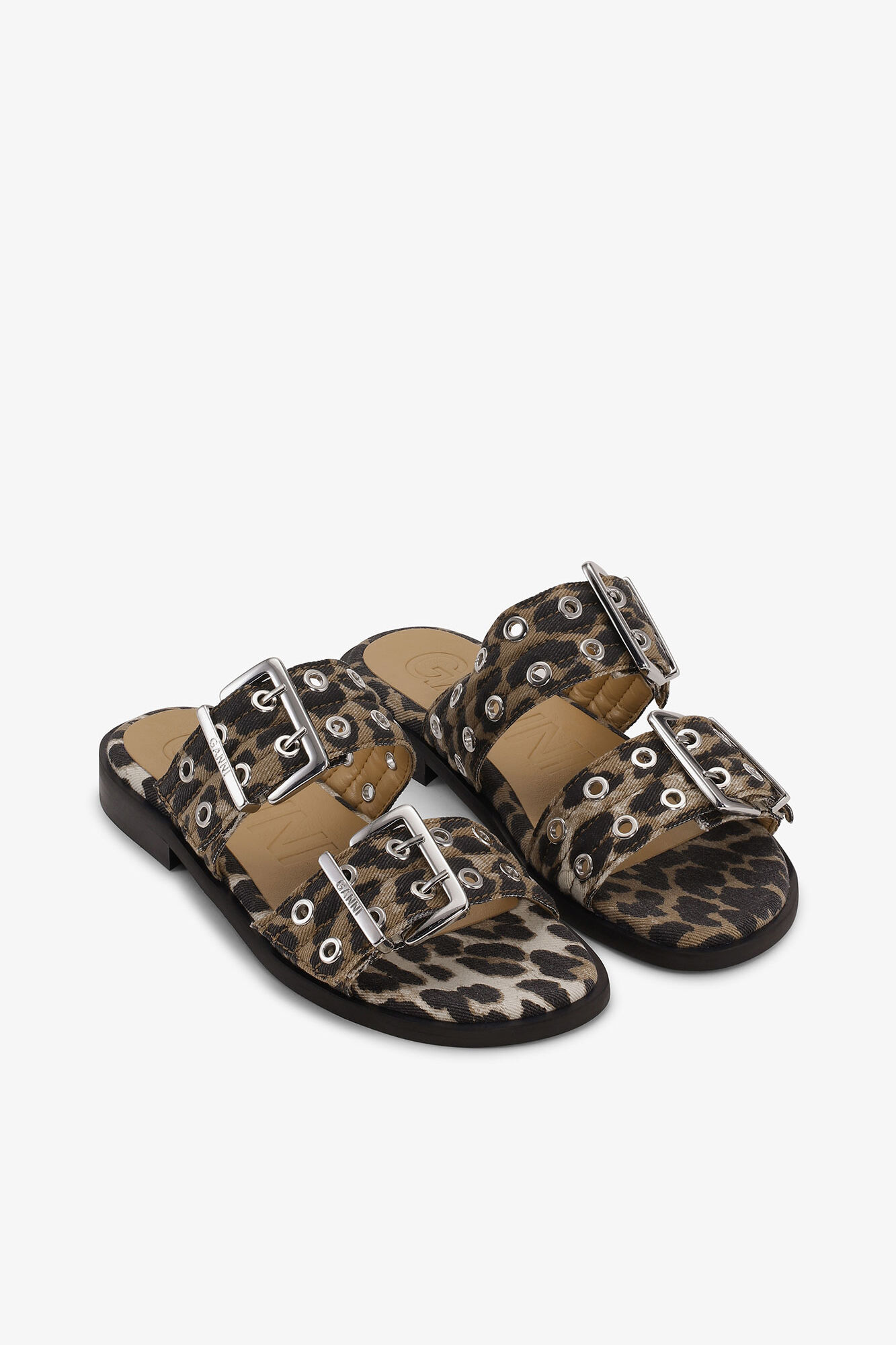 Feminine Buckle Two-Strap Sandals in Leopard Denim, Organic Cotton, in colour Leopard - 2 - GANNI