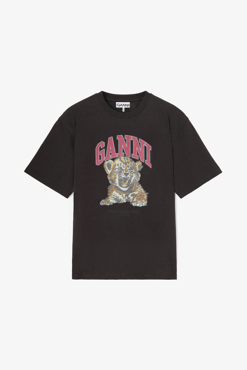T-shirt with Tiger, Organic Cotton, in colour Phantom - 1 - GANNI