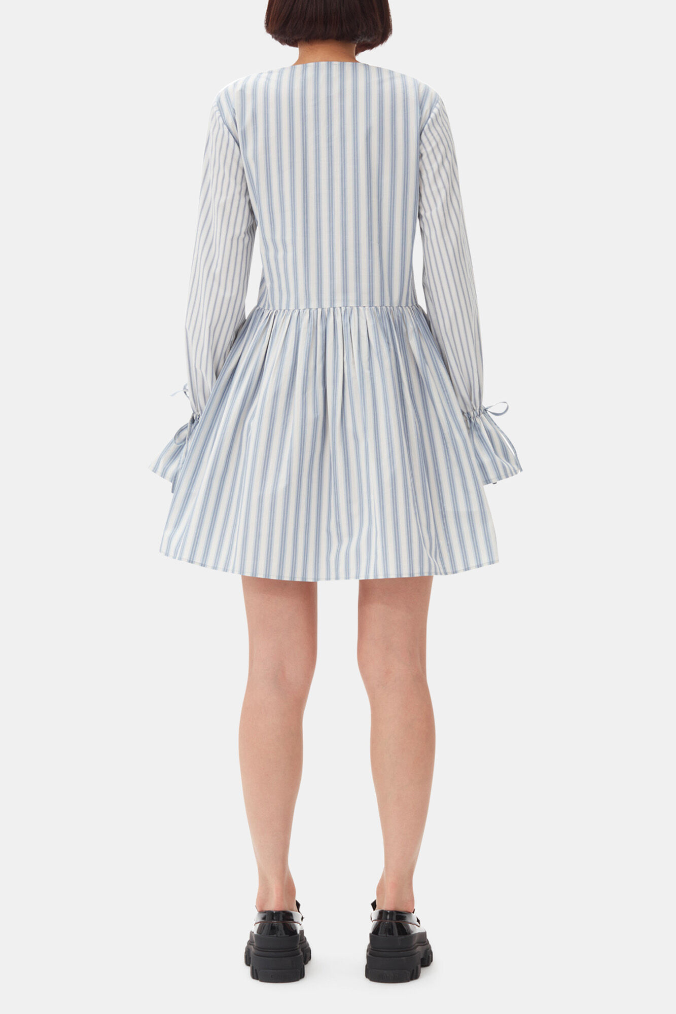 Blue Stripe Cotton Mini Wrap Dress, Organic Cotton, in colour Egret - 4 - GANNI