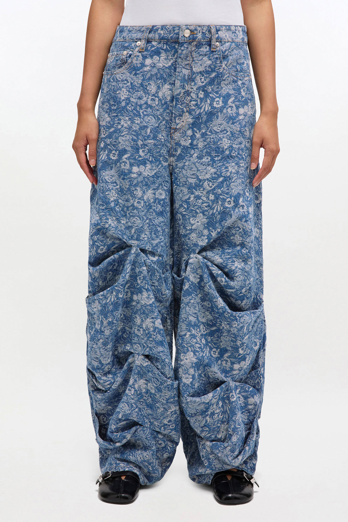 Draped Jeans in Blue Tapestry, Organic Cotton, in colour Mid Blue Stone - 1 - GANNI