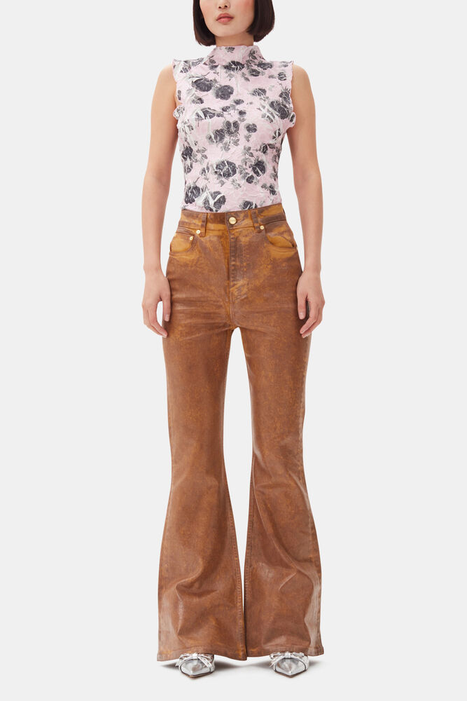 Flared Jeans in Brown Foil Denim, Cognac