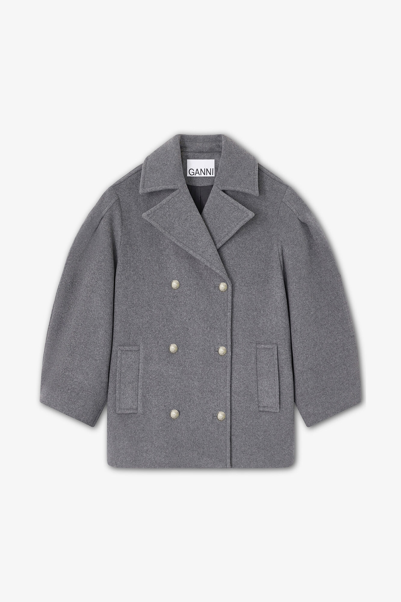 Grey Wool Oversized Midi Peacoat, Recycled Wool, in colour Pewter - 1 - GANNI