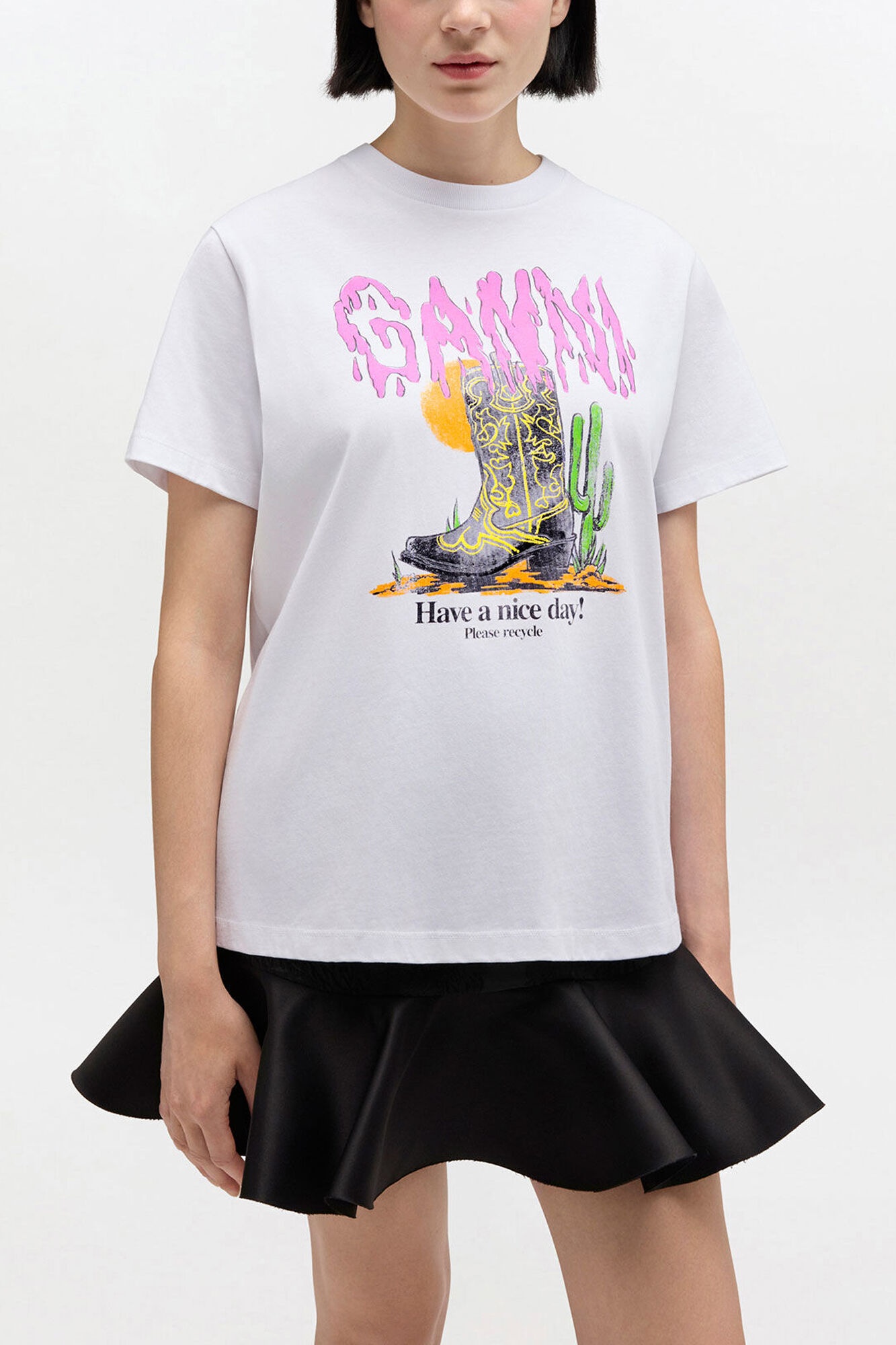 White Western Boot Print T-shirt, Organic Cotton, in colour Bright White - 1 - GANNI