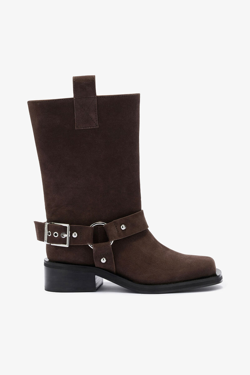 Mid Shaft Biker Boot in Brown Suede, Recycled Leather, in colour Chicory Coffee - 1 - GANNI