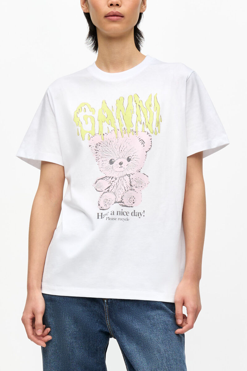 White Basic Cotton Jersey Teddy Relaxed T-shirt, Organic Cotton, in colour Bright White - 1 - GANNI