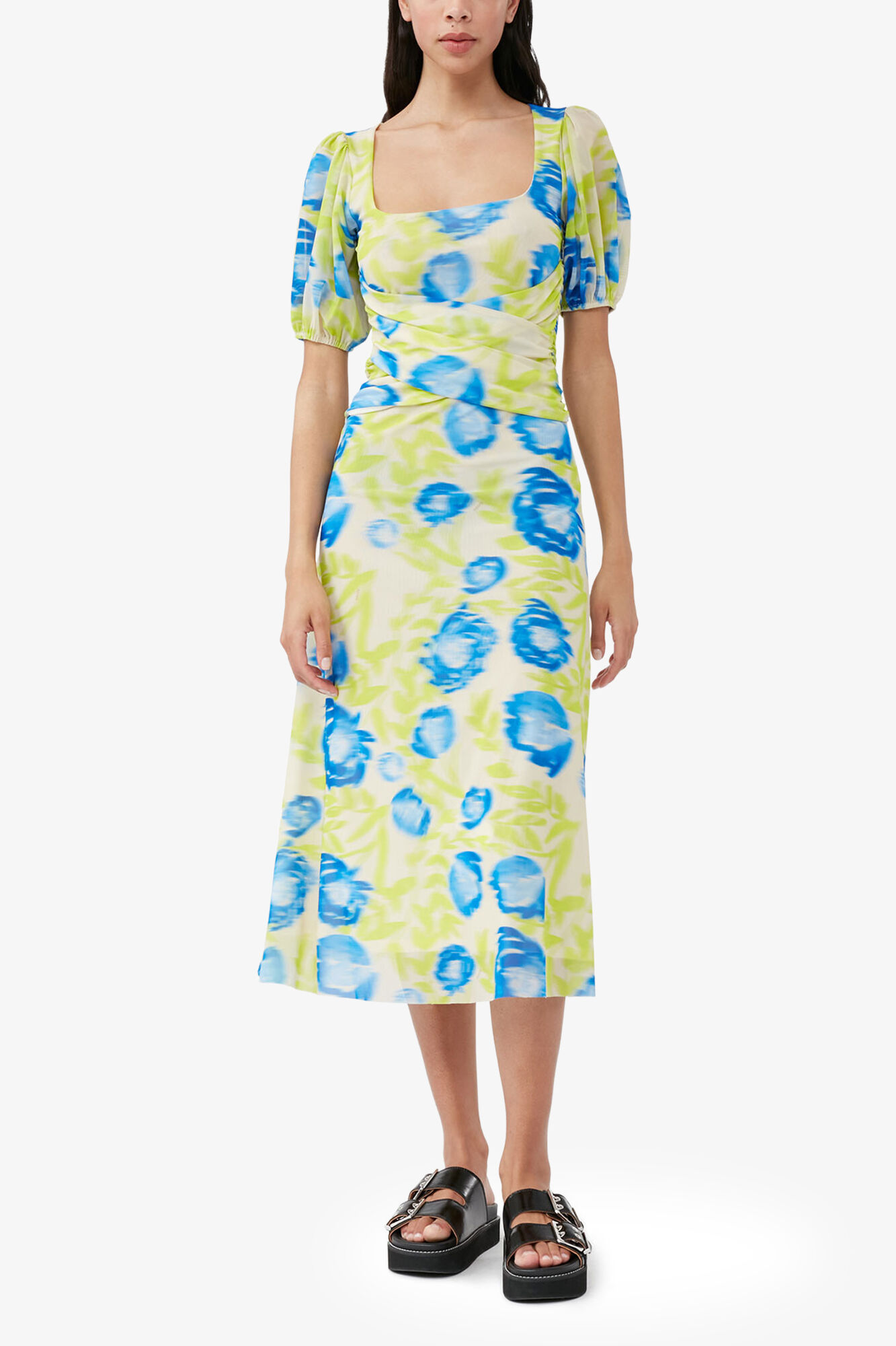 Printed Mesh Puff Sleeve Midi Dress, Recycled Nylon, in colour Strong Blue - 1 - GANNI