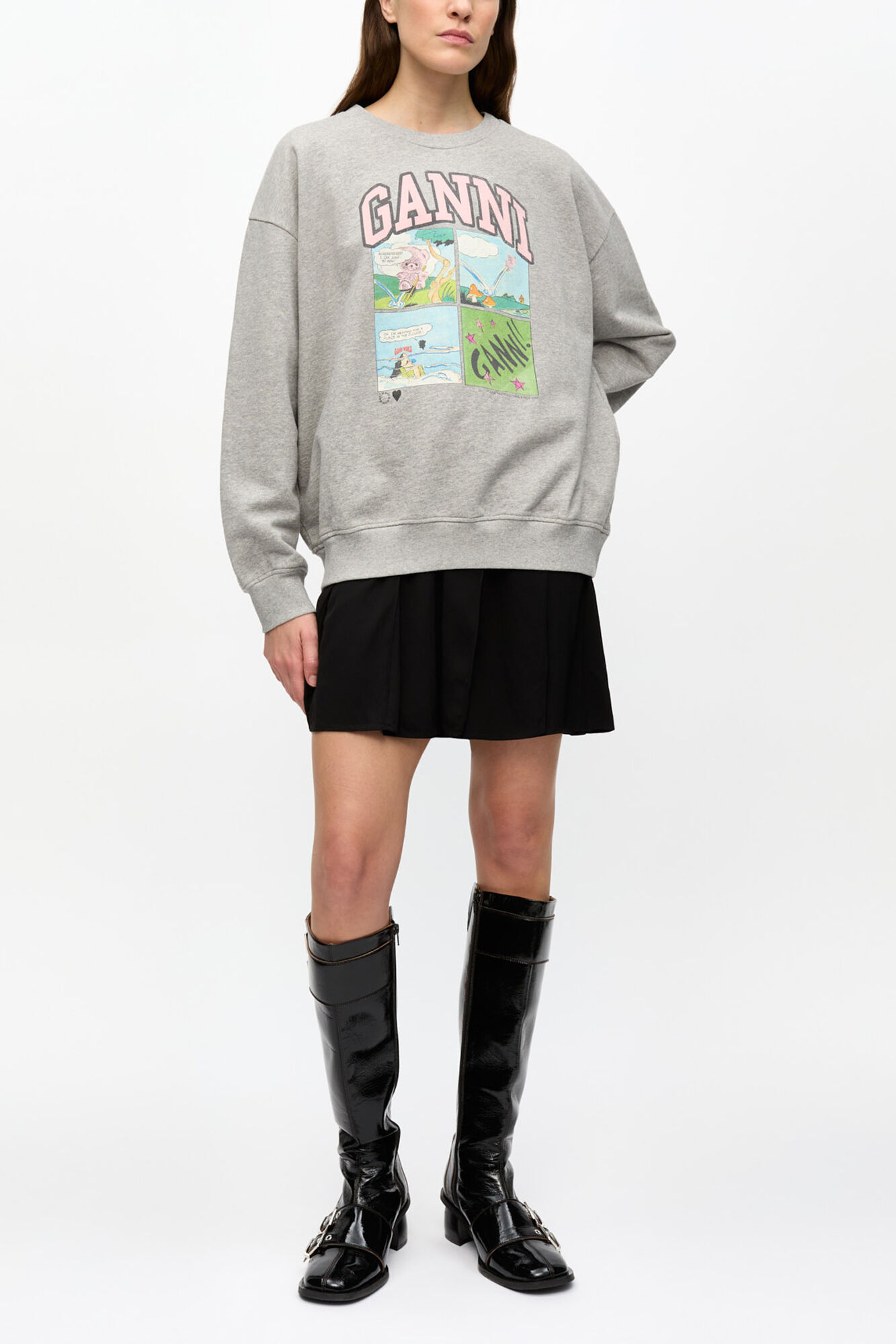 Grey Isoli Oversized Graphic Sweatshirt, Organic Cotton, in colour Paloma Melange - 2 - GANNI