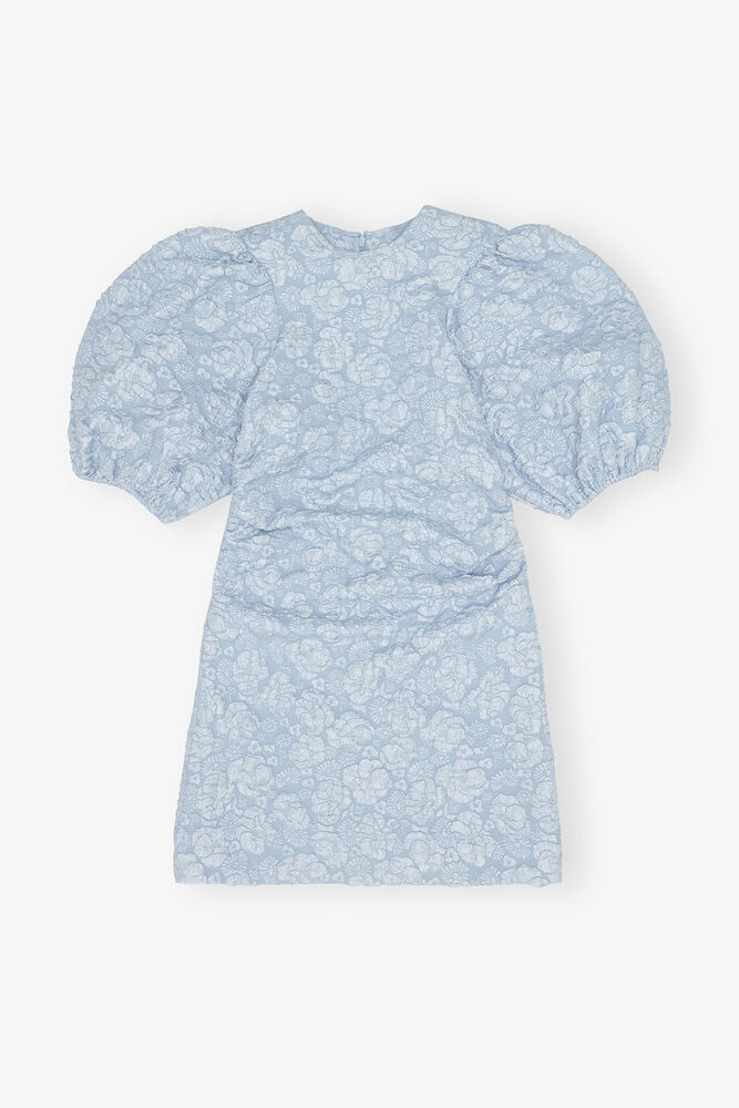 Stretch Jacquard Puff Sleeves Mini Dress, Sky Blue