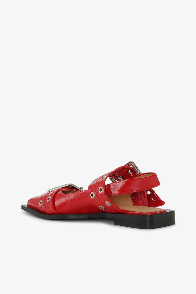 Red Feminine Buckle Ballerinas, Polyurethane, in colour Racing Red - 2 - GANNI