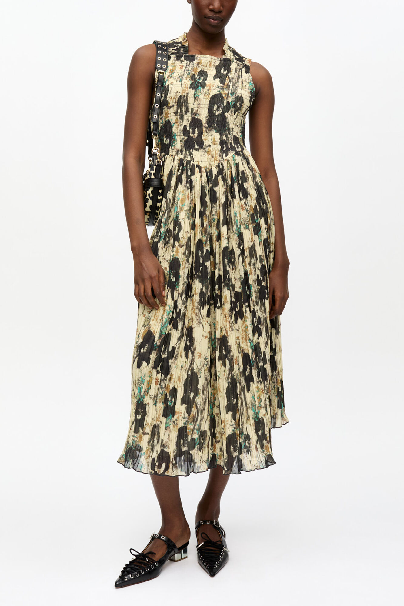 Printed Pleats Smock Midi Straps Dress, Recycled Polyester, in colour Afterglow - 1 - GANNI